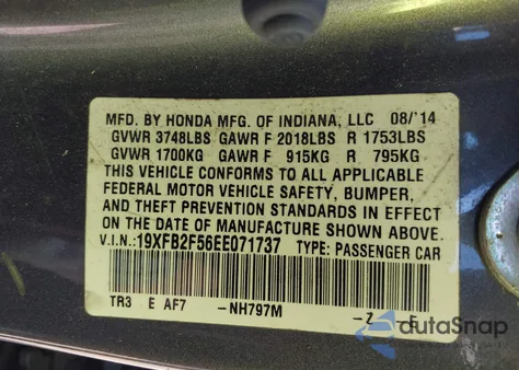 2014 Honda Civic Lx из США, поврежденный, VIN 19XFB2F56EE071737